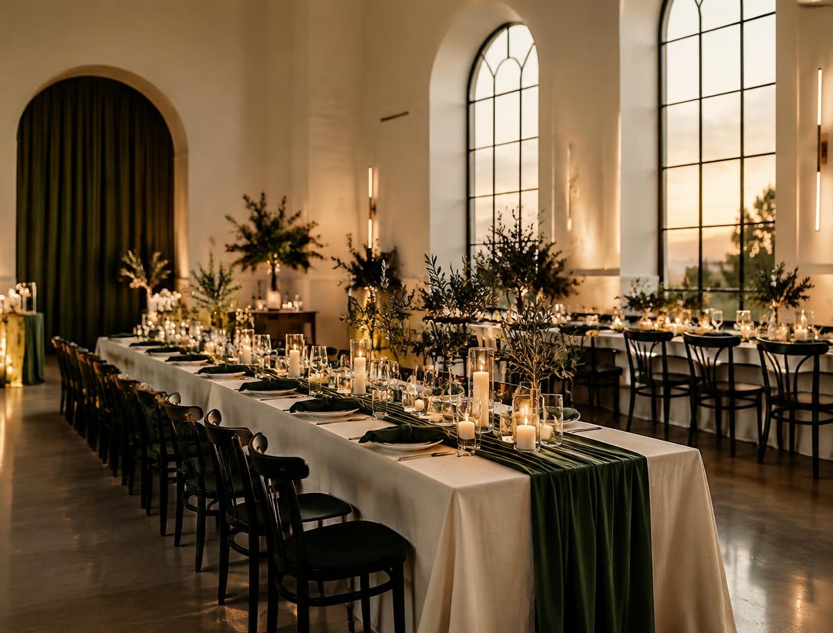 Candlelit event venue with olive centerpieces